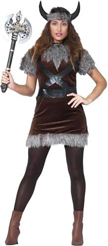 FIESTAS GUIRCA | Vikingkvinna, maskeraddräkt vuxen (14–16/L) – klänning, pannband, bälte och horn – nordiska krigardräkter för halloween, karneval och vikingafester – brun och grå