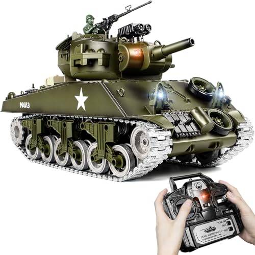 Supdex 1:18 RC tank, metall US M4A3 Sherman fjärrkontroll modell armitank som skjuter BBS och vattenbomber, 2,4 GHz RC fordon militärleksaker med rök, ljus, ljud och rekyl för barn och vuxna