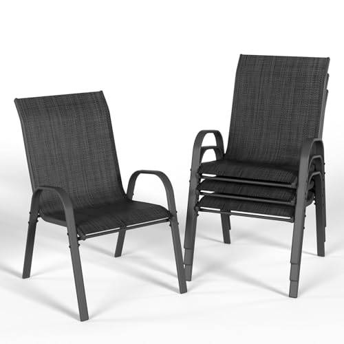UDPATIO 4er Set Gartenstühle Stapelbare, 55cm Breiter Hochlehner Gartenstuhl, Stapelstühle aus Textilene, Atmungsaktive Terrassenstühle für Balkon, Terrasse, Garten, Schwarz