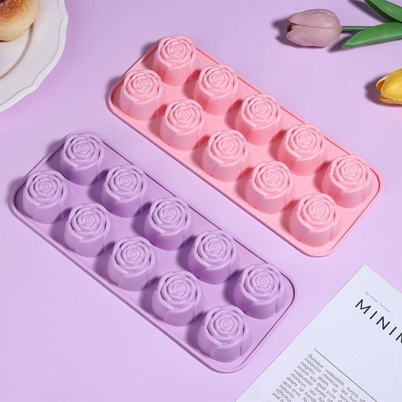 Silikonform för 10 rosor, non-stick, återanvändbar bakform för DIY-cupcakes, choklad, ljus, tvål, dessertdekorationer rosa