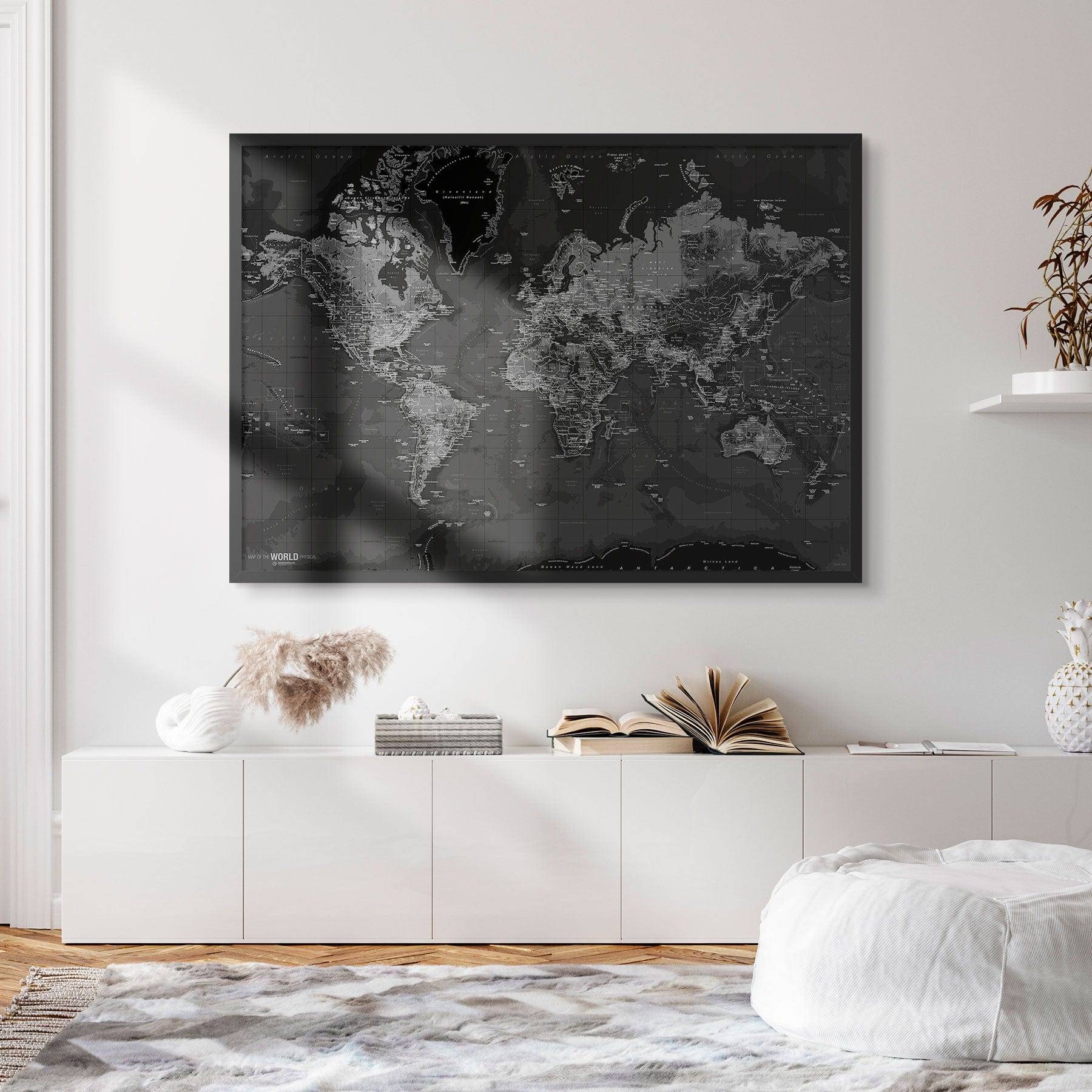 Verdenskort Med Sort Ramme - Dark - Opslagstavle - Str: 80 x 116 Cm