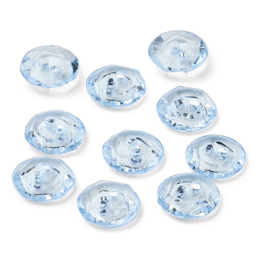 LindeHobby Krystalknapper, Himmelblå, 12 mm, 10 stk Indhold:10 stk krystalknapper Materiale:Plastik Størrelse:12mm Kort om produktet:Elegante himmelblå krystalknapper til lukning og pynt på tøj, strik og tilbehør..