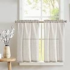 TOPICK Randiga fönstergardiner, linnegardiner med ränder, korta köksgardiner, ogenomskinliga, för kök, matsal och badrum, för litet fönster, 65 x 60 cm (B x H), grå på beige