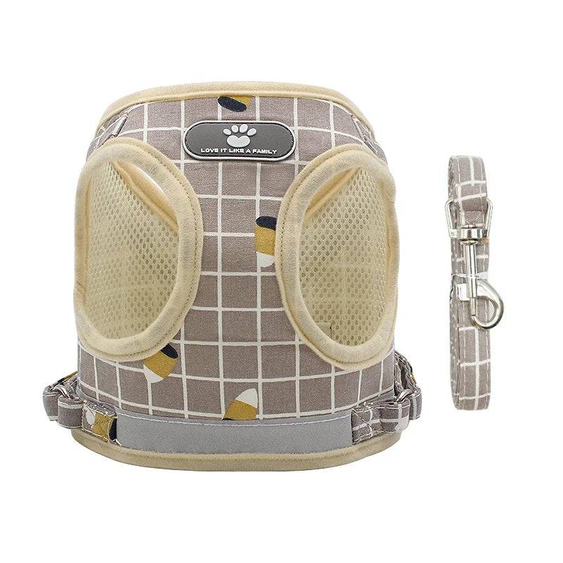 Adjustable Mesh & Plaid Cat Harness and Leash Set - Khaiki Plaid / L-suit 4.5-7.0kg / SPC (L-suit 4.5-7.0kg)