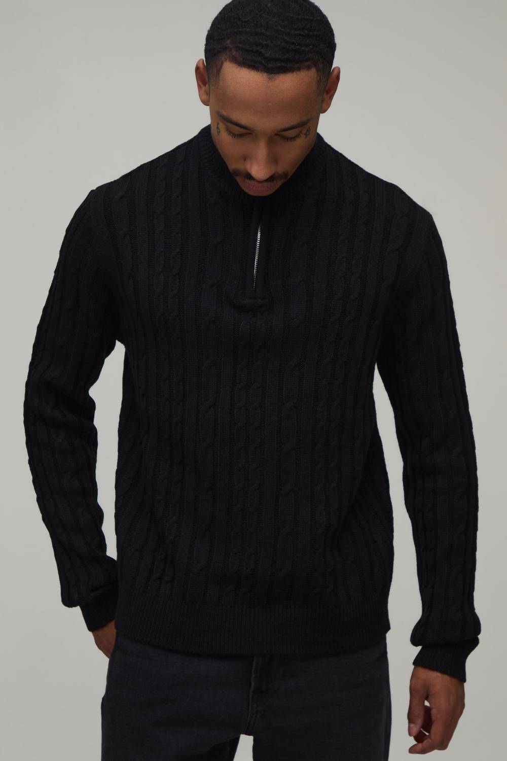 Regular Fit 1/4 Zip Cable Knitted Jumper | Black | Size XL