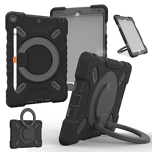 NLR FUN 4-lagers stöttåligt fodral för iPad 9:e/8:e/7:e (10,2-tums iPad 2021/2020/2019) och iPad Air 3:e (10,5-tums iPad Air 2019), skyddande fodral med stativ/handtag, pennhållare, axelrem (Svart)