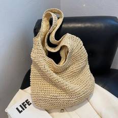 Summer Vacation Style Women's Straw Tote Bag, Solid Color Woven Craft Bag, Double Shoulder Strap Design Shoulder Commuter Bag, Zipper Closure Multi-Fu - Beige