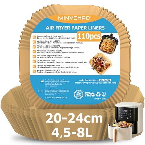 Backpapier für Heißluftfritteuse 4,5L-8L 110 Stück Airfryer Backpapier 20-24cm Für Philips Russell Tefal COSORI Midea XL XXL heißluftfritteuse(Hot Air Fryer)