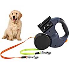 Gobesty Dubbelt infällbart hundkoppel, 3 m dubbelkoppel för två hundar, flexibelt dubbelt hundkoppel med halkfritt handtag, ljus ficklampa och avfallsdispenser, lämplig för små och medelstora hundar