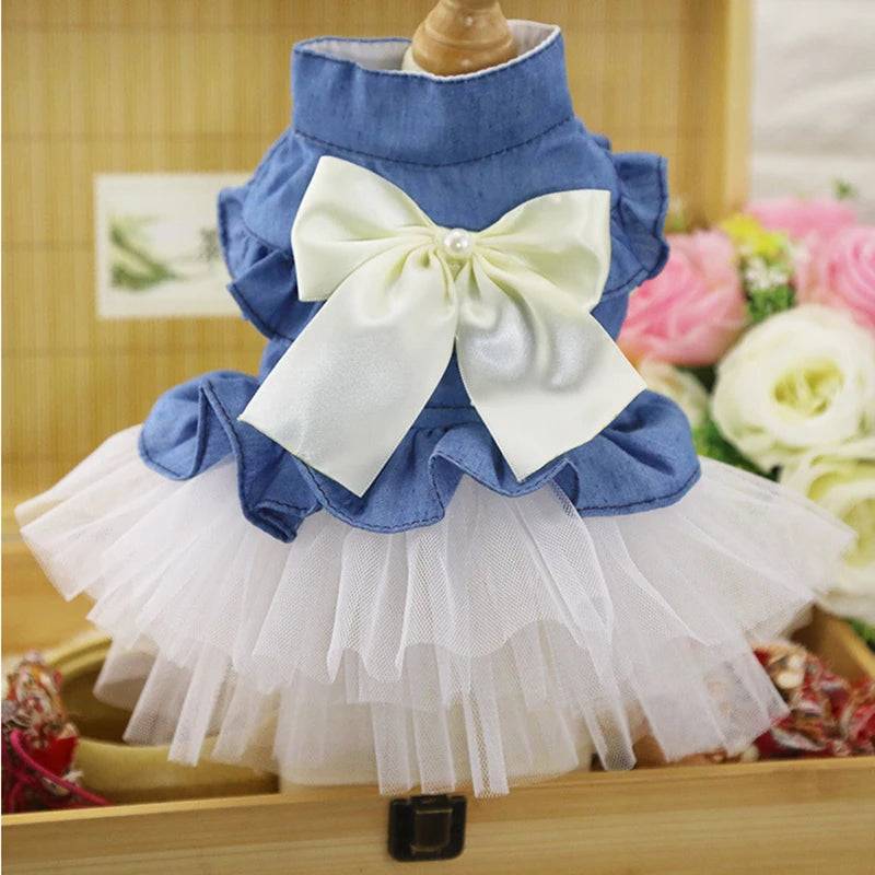 Denim Princess Dress for Small Dogs & Cats — XS to XXL - White Dresses / XXL-suit 5-7kg / SPC (XXL-suit 5-7kg)