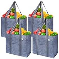 VENO 4-pack återanvändbar livsmedel shoppingväska med hård botten, framficka, multifunktionell slitstark bärkasse, användbar shoppingväska, strandväska, står upprätt, vattentålig, hållbar (grå