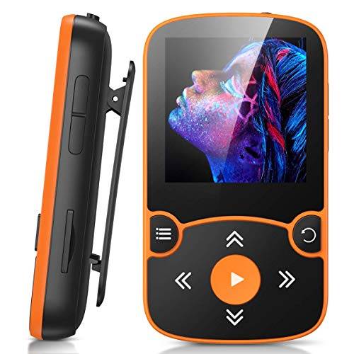 AGPTEK MP3-spelare Bluetooth 5.3 Sport 64 GB med 1,5 tums TFT-färgskärm, mini-musikspelare med klämma, stöder upp till 128 GB TF-kort, med oberoende volymknapp, orange