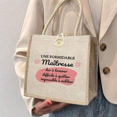 Mini Chic &#34;Maitresse Maitre On Vacation Do Not Disturb&#34; Printing Bag Gift For Teachers Tote Bag,Linen Tote Bag, Hand Shopping Bag - Stylish Beige Hold - Multicolor - one-size