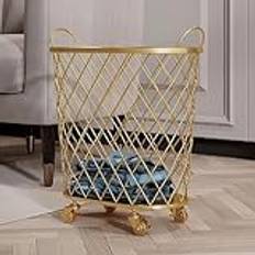 Laundry Hamper with Wheels, Round Mesh Metal Rolling Laundry Hamper, Bathroom Dirty Clothes Basket, Toy Storage Dirty Clothes Storage Frame,Gold