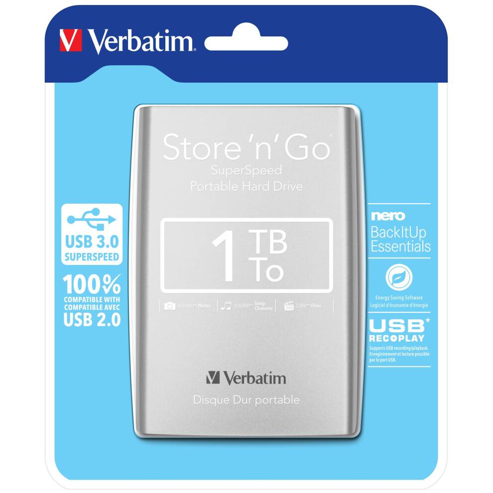 "Verbatim 1TB Store 'n' Go 2,5"" Silverfärgad extern hårddisk med USB 3.0"