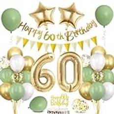 Ballonger 60-årig födelsedag grön guldgrön 60-årig man kvinna dekoration grattis på födelsedagen 60 år, födelsedag 60 år gröna gulddekorationer för män kvinnor festdekorationer
