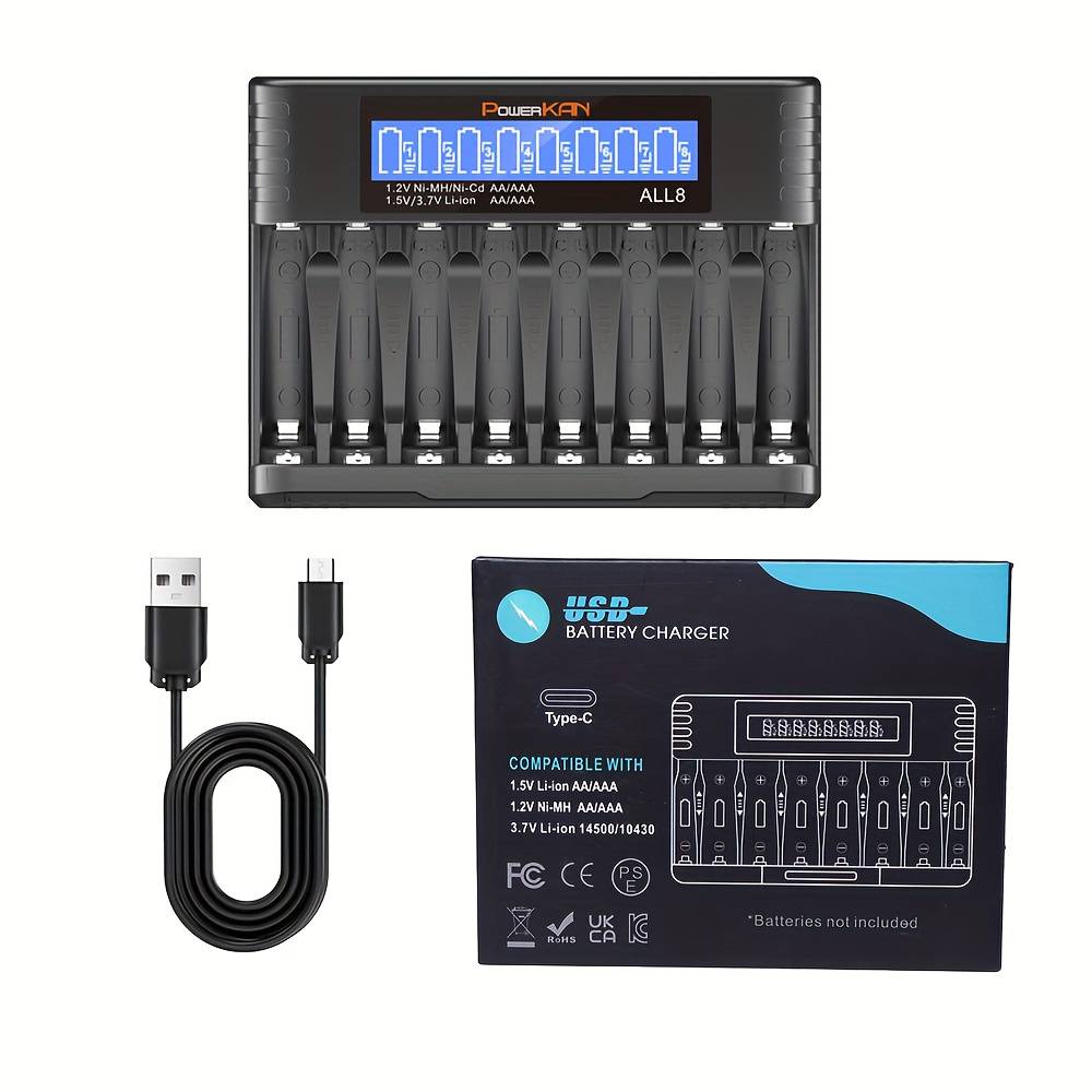 TEMU Powerkan 8-slot Aa Aaa Battery Charger, 1.2v Ni-mh/ni-cd: 350max8; 1.5v Li-ion: 200max8, Suitable For 1.2v Ni-mh/ni-cd 5v/3.7v Li-ion Rechargeable Battery (usb-c Cable Included)