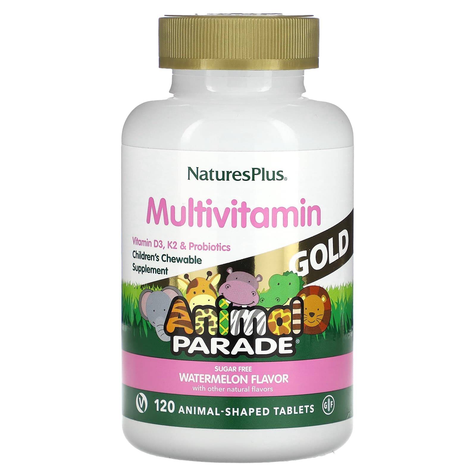 NaturesPlus Animal Parade Gold, Tuggbar multivitamin för barn, Vattenmelon, 120 tabletter