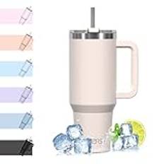 WATERSY resemugg kaffekopp 40 oz tumlare sugrörslock och handtag, rostfritt stål dubbelvägg vakuumisolerad kaffe vattenflaska termos för kallt varmt kaffe 1182 ml elfenbensbeige