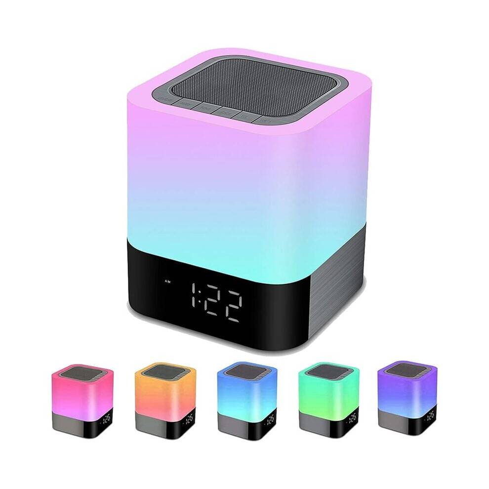 Sengelampe med Bluetooth-højttaler, Bluetooth-højttaler med touchsensor, LED-lampe, dæmpbar varm lys, flerfarvet lys, vækkeur, MP3-afspiller