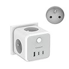 USB C Power Strip, TESSAN 6 in 1 Wall Power Strip 3 Franska Uttag, USB Multipeluttag med 2 Type C och 1 USB A, Cube Power Strip med Switch, Kompatibel med Pad Phone för Kök, Kontor