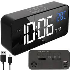 Digital LED vækkeur med snooze, lydaktivering, dato & temperatur – USB & batteridrift – sort, moderne og kraftigt lydniveau