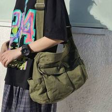 Canvas Crossbody Bag, High Capacity Multi-Pocket One Shoulder Bag, Zipper Closure, Vintage Durable Sports Gym Bag, University Style Student Backpack, - Army Green - one-size