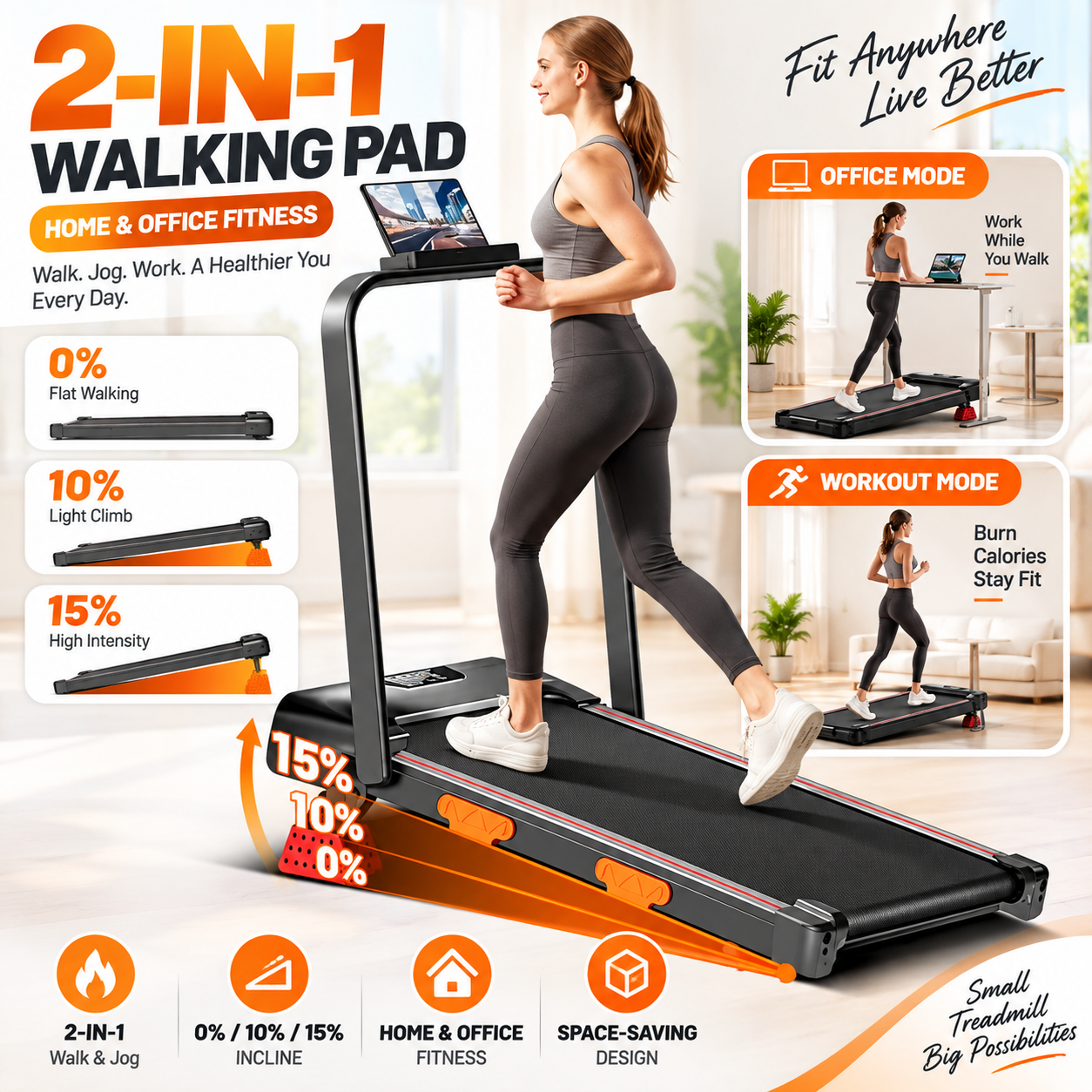 Sinaopus 3-in-1 Foldable Treadmill with 15% Incline, 2.5Hp Quiet Brushless Motor, under Desk Treadmill for Home & Office, 300lb Weight Capacity, No Battery