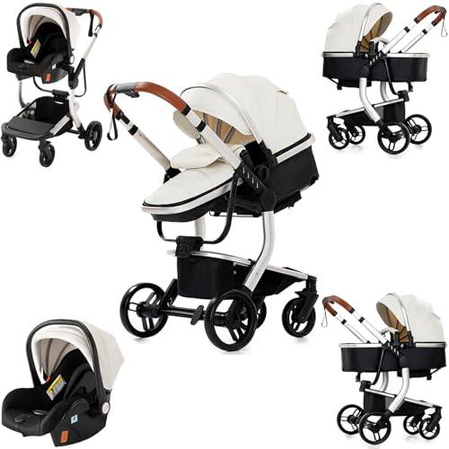 Magic ZC PU-läder barnvagn 3-i-1, barnvagn set vändbart dubbelskjutläge, kombibarnvagn 3 i 1 stor bekväm babybadkar, buggy ram aluminiumlegering vikbar (518 vit)