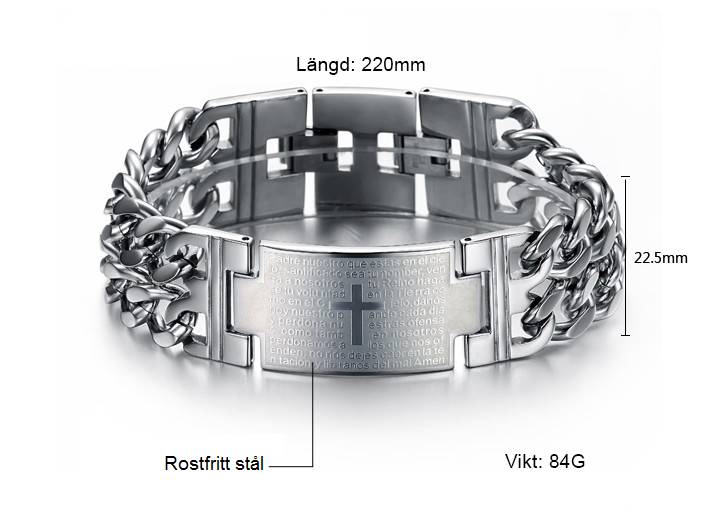 Kors Pater Noster - Armband med Bibeltext 316l Rostfritt Stål 84g 22.5mm*220mm