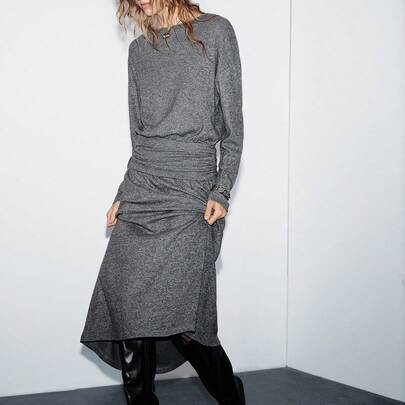Grå elegant höstklänning för kvinnor med avslappnad passform, rund hals, lång ärm, elastisk midja, utsvängd midikjol, smart casual, vardag, daglig pen - Mörkgrå (L,M,S,XL)