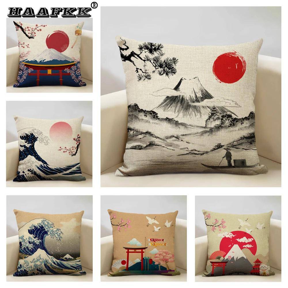Japan Mount Fuji Ukiyo-e Retro Kuddfodral Soffkuddfodral Heminredning Prydnadskuddfodral 45x45cm beige