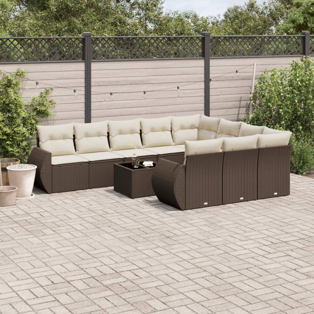 Sofasæt Til Haven 10 Dele Med Hynder Polyrattan - Brun og cremefarvet / Med bord
