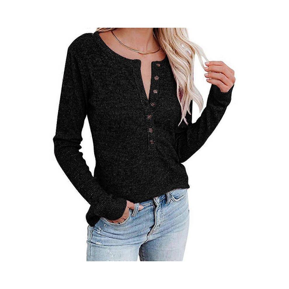 (2XL, Black) Women Crew Neck Fitted Tops Women Long Button Up Shirt Long Sleeve Henley TShirts Button Down Slim Fit Tops Gray 3XL
