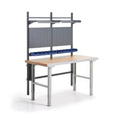 Komplett arbetsbänk SOLID, verktygstavlor, plockbackar, hyllplan, 1500x800 mm, ekparkett