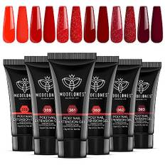 Modelones Polygel Röd för Naglar, 6 Färger Poly Nail Gel Nagellack för Naglar, Halvpermanent Nagellack för Naglar, Nagelkonst, Nagelförtjockning, Lösningar Gel Nail Polish Komplett Kit