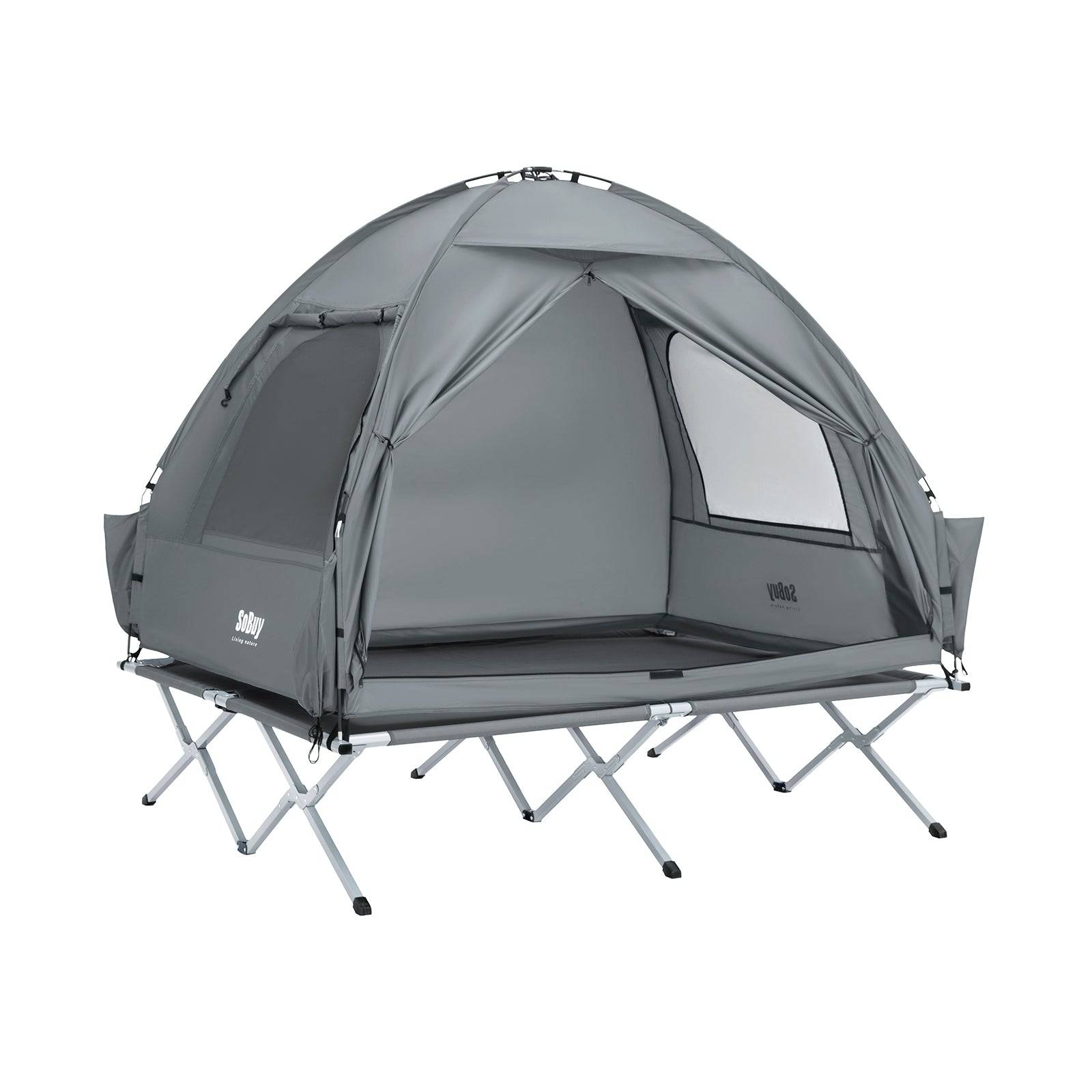 SoBuy Campingtält för 2 Personer – Med Fältsäng, 2-i-1 Tält | 193x145x185cm Ljusgrå OGS32-II-L-HG