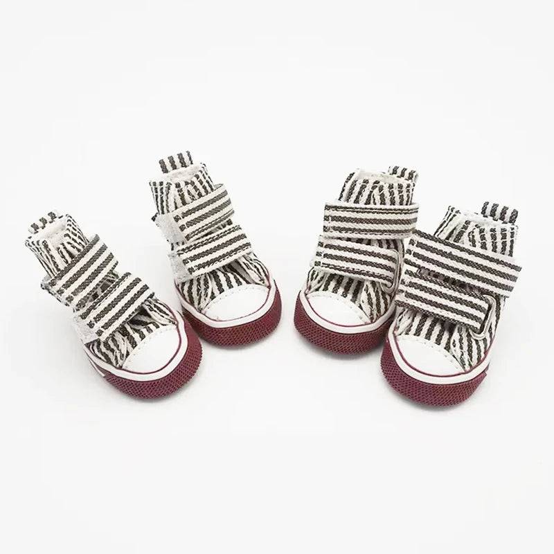 Anti-Slip Dog Shoes & Breathable Canvas Booties – Set of 4 - coffee stripe / no.4