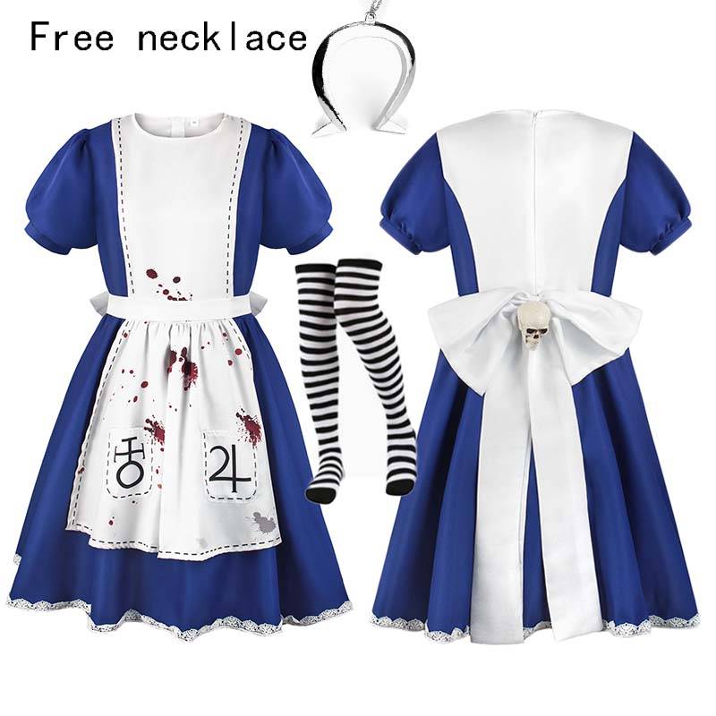 Women's Anime Alice Cosplay Costume with Necklace Alice Dress Maid Apron for Halloween Game Madness Returns Theme Girls' Outfit cm