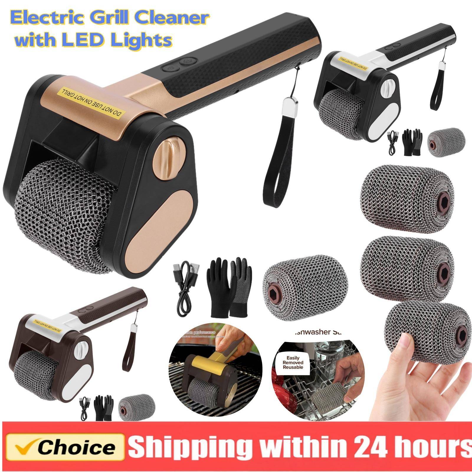 1set Electric Stainless Steel Roller Grill Cleaner Brush w/ Replaceable Brush Heads With LED Light Home Cleaning Tools BBQ Acces