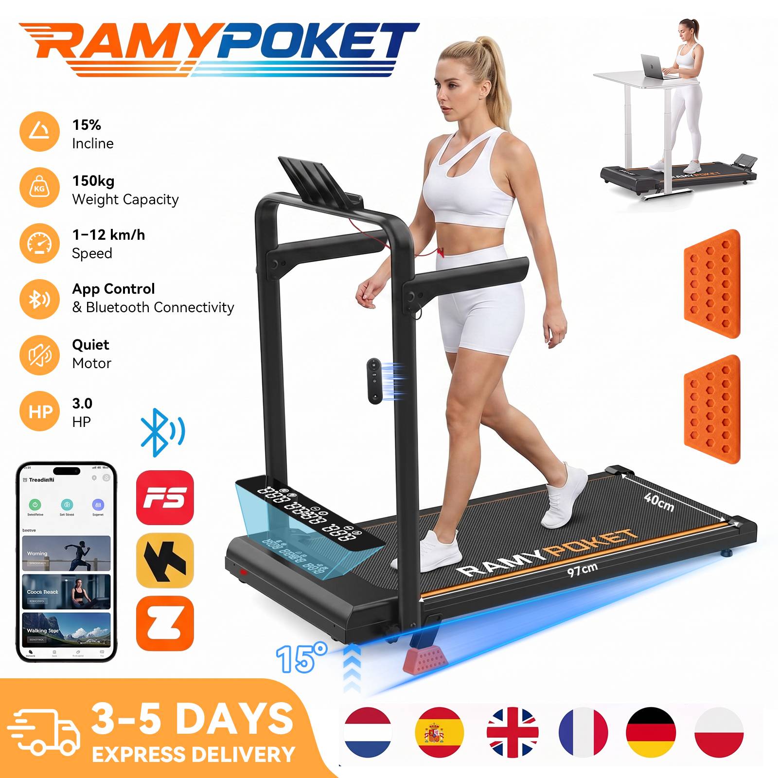RAMYPOKET Foldable Treadmill with Handrails, 15% Incline, 1-12 km/h Speed, Quiet Motor, Smart APP, Triple Window Display, 150 kg Capacity, for Home Office