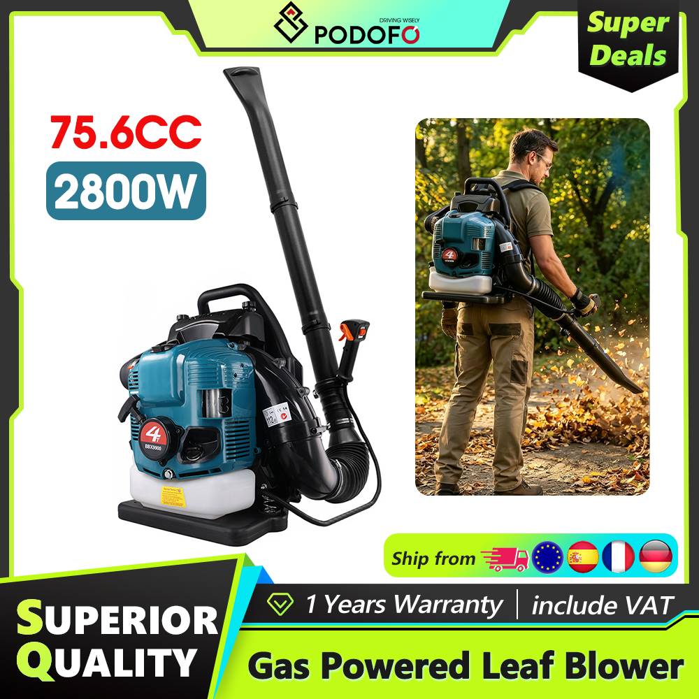 Podofo 75.6CC 4 Stroke Gas Powered Backpack Leaf Blower 2.8KW 7000Rpm Gasoline Powered Engine Lawn Blower 1.9L Tank Heavy Duty Air Blower Cordless Snow Dust Blowing Cleaning Tool