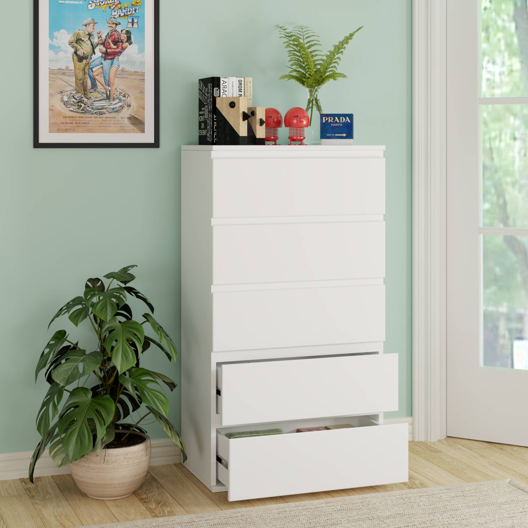 Getone Chest of Drawers Bedroom, Tall Chest of Drawers with 5 Drawers, Bedroom Furniture Storage Cupboard Cabinet  Bedroom Dresser, for Living Room Hallway 55x33x100cm, White