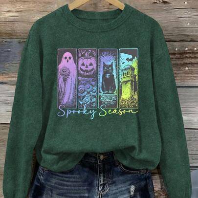 Plus size damtröja i vintagestil med rund hals, gradienttryck med spöke, svart katt, pumpa och tarotkort, lång ärm, fuskstickad, damtopp, höst/vinter - Mörk Grön (0XL,1XL,2XL,3XL,4XL)