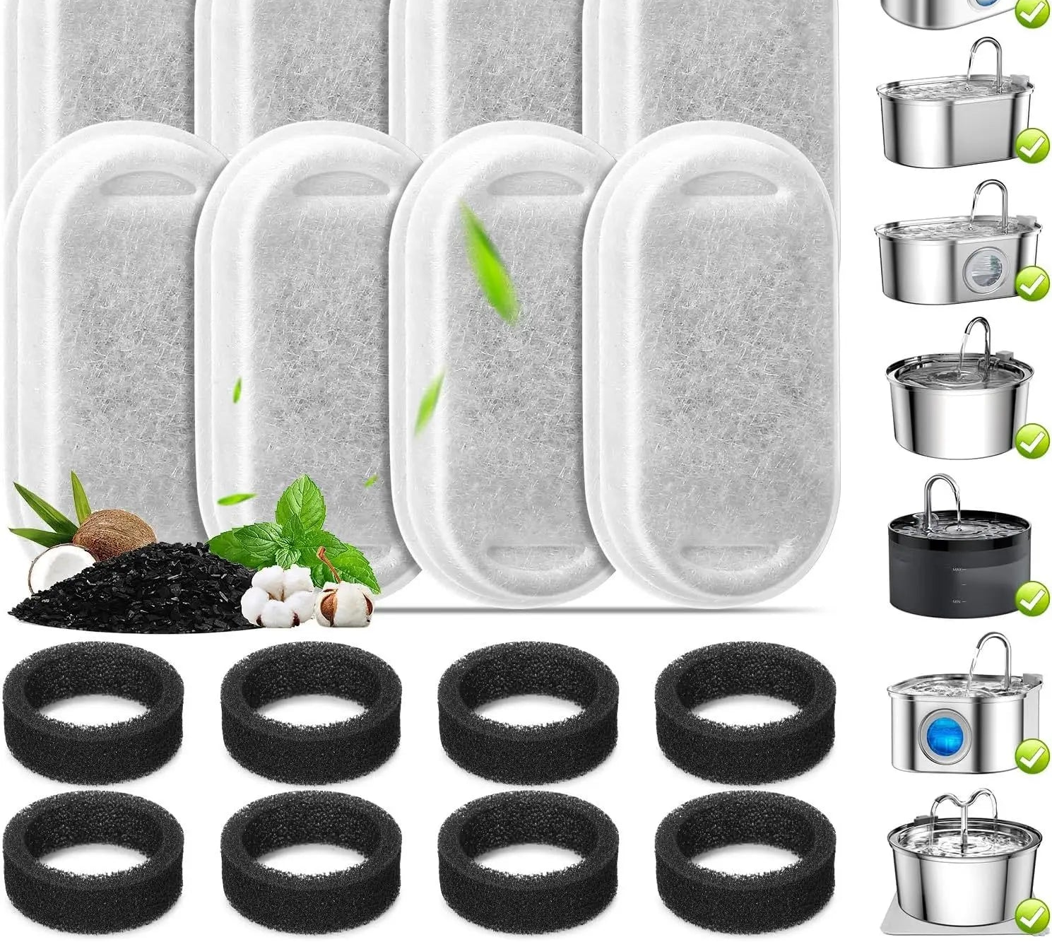 Replacement Filters and Sponges for Pet Water Fountains - Compatible with 2L and 3.2L Models - 8 Filters 8 Sponge / Box Packaging (Box Packaging)