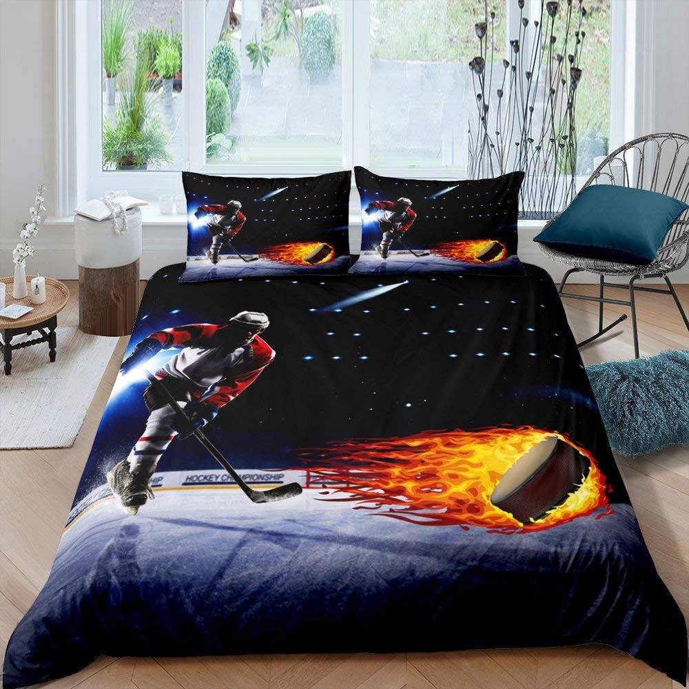Ishockey Påslakanset Pojkar Puck King Size Sportspel Tema Sängklädesset För Barn Ungdom Vuxen Män Vinter Match Täcke AU Queen(210x210cm)