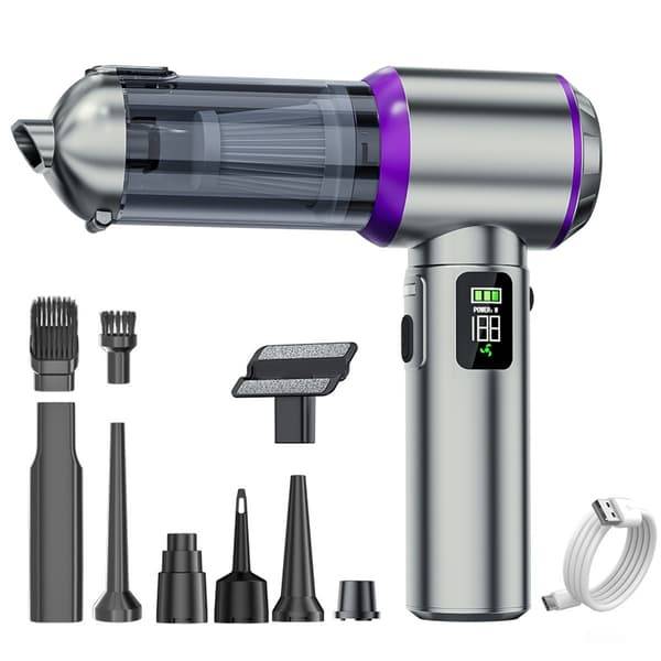 Håndholdt bilstøvsuger med børsteløs motor, 100 W, 16000 Pa, 3x2000 mAh, USB-opladning, 3 sugeniveauer og 9 mundstykker Silver