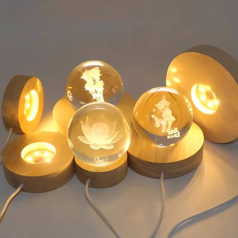 5/6/8/10CM LED Desktop Decorative Wooden Round Lamp Holder DIY Birthday Gift Night Light Crystal Lamp Luminous Base USB Power