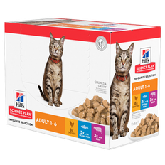 Hills Science Plan Feline Adult Chicken, Beef & Ocean Fish. Kattefoder til voksne. Vådfoder. 12 poser med 85 g