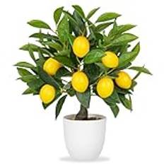 Konstgjord växtdekoration citronträd, 40 cm plastväxt i kruka, vit, konstgjorda växter som äkta, inomhusväxter konstgjord med citronkvist och citronfrukter för heminredning vardagsrum kök kontor